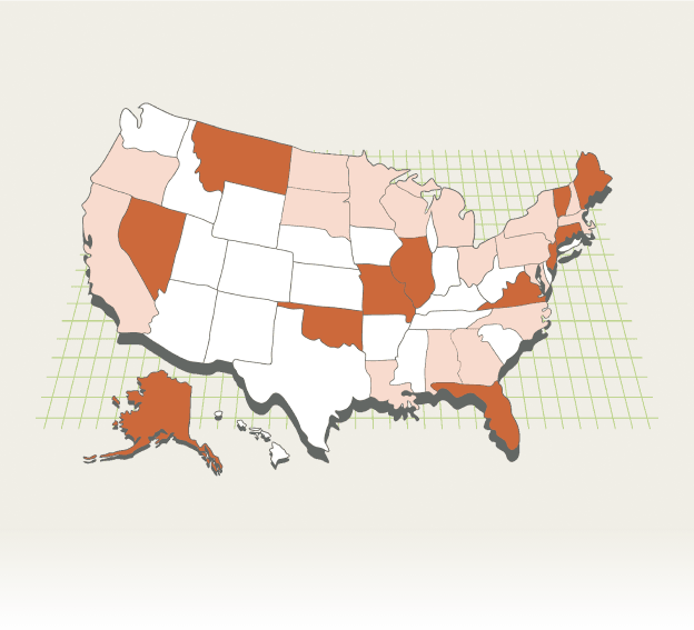 illustration of USA with multiple areas filled in