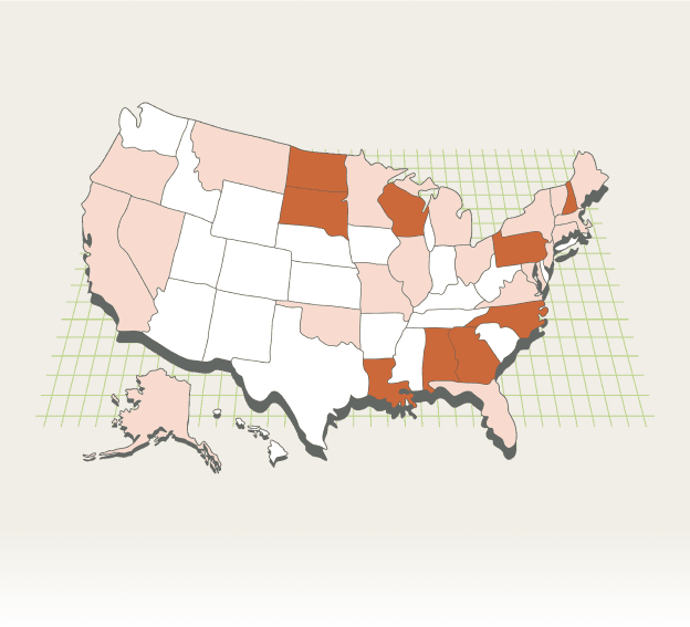 illustration of USA with multiple areas filled in