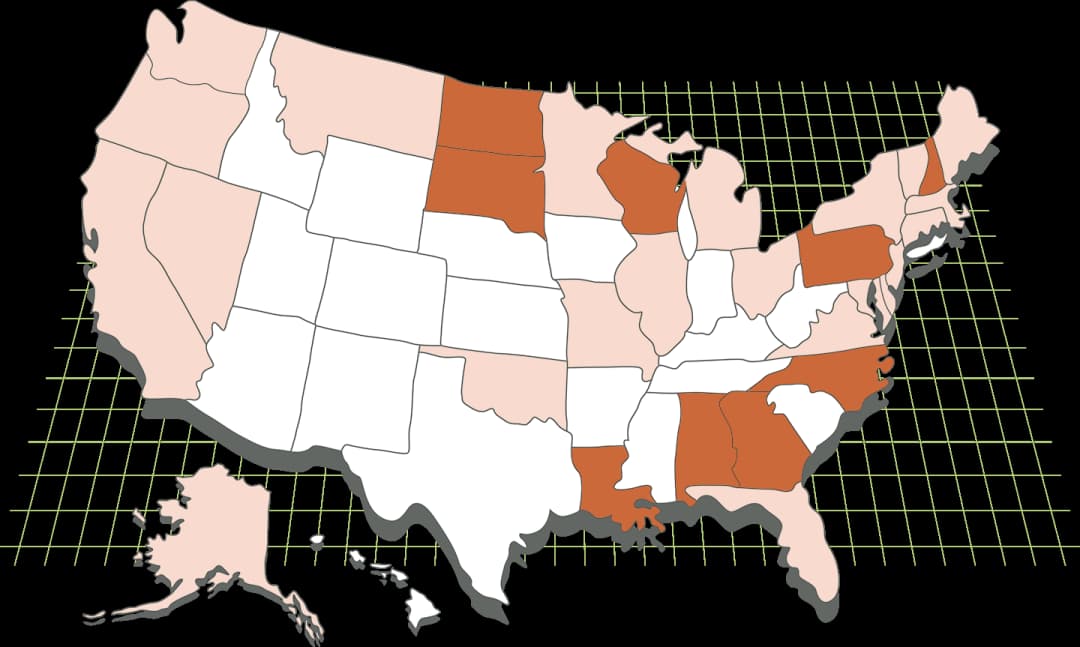 illustration of USA with multiple areas filled in